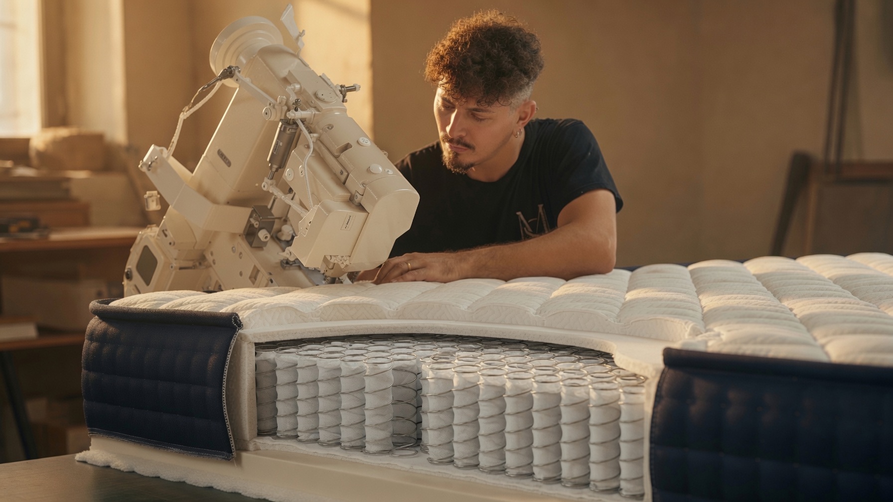 Artigiano al lavoro sulle molle insacchettate di un materasso Sorrentino